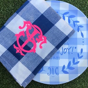 Blue Buffalo check monogram tea towel