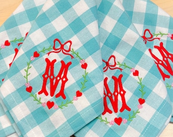 Valentines Bow Turquoise Check Monogram Napkins