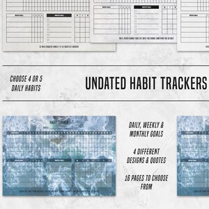 Puede incluir: Tres páginas imprimibles de seguimiento de hábitos con un diseño en blanco y negro. Las páginas no están fechadas y cuentan con una sección para objetivos diarios, semanales y mensuales. Las páginas están diseñadas para meses de calendario de 30 o 31 días. Las páginas están diseñadas para realizar un seguimiento de hasta 5 hábitos diarios.
