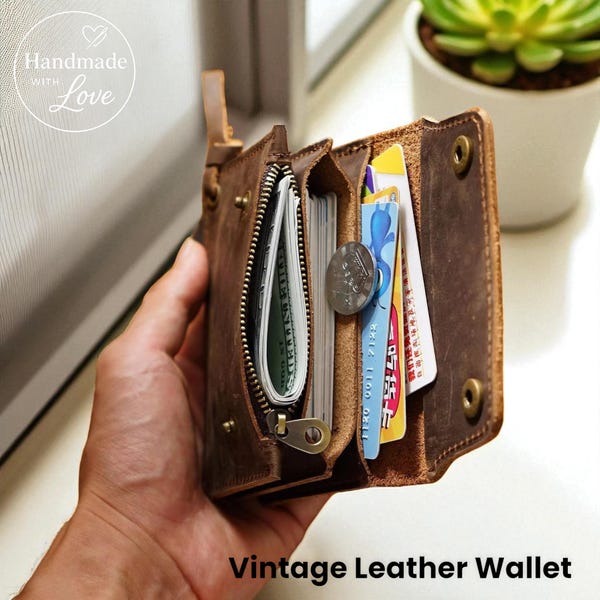 ヴィンテージレザー二つ折り財布：ファスナー付き小銭入れ＆カードホルダー