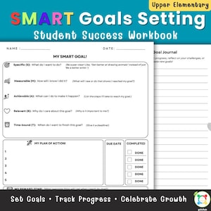 Puede incluir: Un cuaderno de trabajo para el éxito estudiantil titulado "SMART Goals Setting". El cuaderno incluye secciones para establecer metas, realizar un seguimiento del progreso y celebrar el crecimiento. La portada presenta texto colorido y un diseño para estudiantes de primaria superior.
