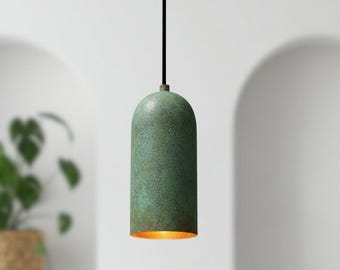 Green Patina Copper Dome Pendant Light: Farmhouse Rustic Chandelier