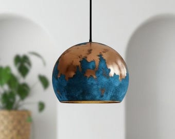 Blue Patina Copper Dome Pendant Light - Rustic Farmhouse Lighting