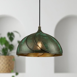 Lampe à suspension dôme en laiton patiné verte - Farmhouse Rustic Lighting