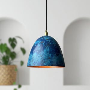 Blue Patina Copper Dome Pendant Light - Rustic Farmhouse Lighting
