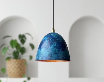 Blue Patina Copper Dome Pendant Light - Rustic Farmhouse Lighting