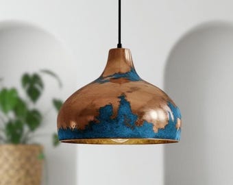 Blue Patina Copper Dome Pendant Light - Rustic Farmhouse Lighting