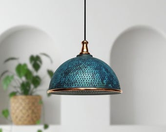 Blue Patina Copper Dome Pendant Light - Rustic Farmhouse Lighting