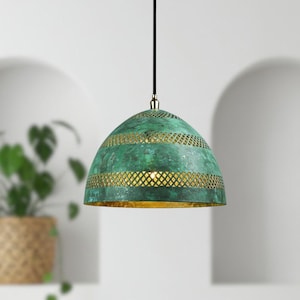 Lampe à suspension dôme en laiton patiné verte - Farmhouse Rustic Lighting
