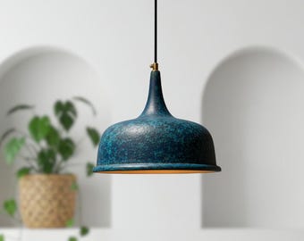 Blue Patina Copper Dome Pendant Light - Rustic Farmhouse Lighting