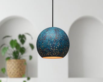 Blue Patina Copper Dome Pendant Light - Rustic Farmhouse Lighting