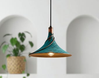 Blue Patina Copper Dome Pendant Light - Rustic Farmhouse Lighting