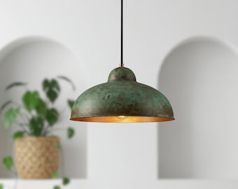 Green Patina Copper Dome Pendant Light: Farmhouse Kitchen Island Lighting