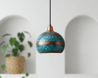 Blue Patina Copper Dome Pendant Light - Rustic Farmhouse Lighting
