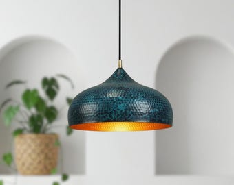 Blue Patina Copper Dome Pendant Light - Rustic Farmhouse Lighting