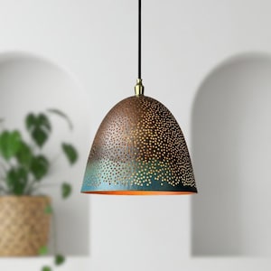Lampe à suspension dôme en laiton patiné verte - Farmhouse Rustic Lighting