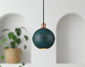 Blue Patina Copper Dome Pendant Light - Rustic Farmhouse Lighting