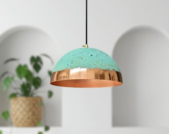Green Patina Copper Dome Pendant Light: Rustic Farmhouse Lighting
