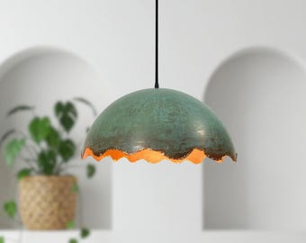 Green Patina Copper Dome Pendant Light: Farmhouse Kitchen Island Lighting