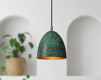 Handmade Copper Dome Pendant Light: Green Patina Rustic Chandelier