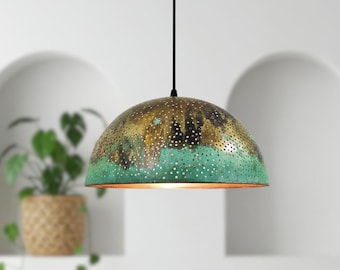 Green Patina Copper Dome Pendant Light: Rustic Farmhouse Lighting