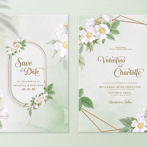 Pu&ograve; includere: Invito di nozze "Save the Date" con un design floreale con rose bianche e foglie verdi. L'invito &egrave; su uno sfondo verde chiaro con una cornice geometrica dorata. Il testo recita "Save the Date" per il matrimonio di Valentine & Charlotte 25.10.25. La seconda carta recita "Insieme alle loro famiglie Valentine e Charlotte" e include la data e la location del matrimonio.