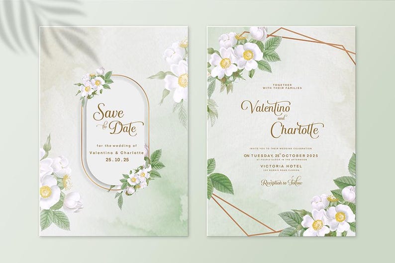 Pu&ograve; includere: Invito di nozze "Save the Date" con un design floreale con rose bianche e foglie verdi. L'invito &egrave; su uno sfondo verde chiaro con una cornice geometrica dorata. Il testo recita "Save the Date" per il matrimonio di Valentine & Charlotte 25.10.25. La seconda carta recita "Insieme alle loro famiglie Valentine e Charlotte" e include la data e la location del matrimonio.