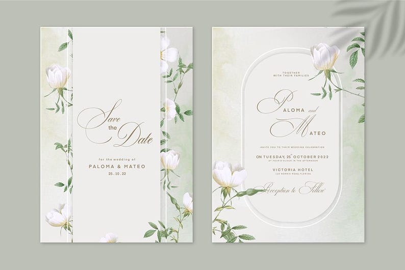 Pu&ograve; includere: Invito di nozze "Save the Date" con un design floreale con rose bianche e foglie verdi. L'invito include i nomi Paloma & Mateo e la data 28.10.22. La seconda carta include i nomi Paloma Aloma e Mateo, la data marted&igrave; 25 ottobre 2022, la posizione Victoria Hotel e il testo Ricevimento a seguire.