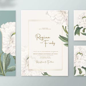 Pu&ograve; includere: Un set di biglietti di invito di nozze con un design floreale con peonie bianche e foglie verdi. I biglietti includono un biglietto di salvataggio della data, un invito, un RSVP e un biglietto di ringraziamento. Il testo sui biglietti recita "Regina e Freddy" e "Save the Date".