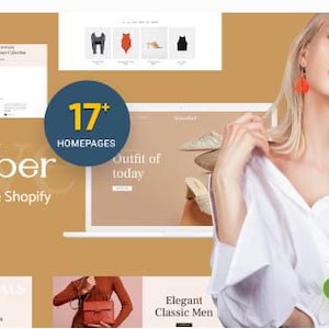 May include: A website mockup for a fashion e-commerce store called "November" featuring 17+ homepages. The website features a variety of clothing and accessories, including a white shirt, a red dress, and a pair of shoes. The website also features a variety of images and text, including the text "Outfit of today".