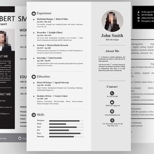 Puede incluir: Una plantilla de currículum vitae en blanco y negro con un diseño profesional. El currículum incluye información de contacto, experiencia laboral, educación y habilidades. El currículum es para un experto en UI/UX y un desarrollador web.