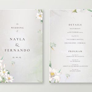 Pu&ograve; includere: Invito di nozze con design floreale. L'invito riporta i nomi Nayla & Fernando e la data 25.10.25. La scheda dei dettagli include la data, la location, il dress code e il programma del matrimonio.