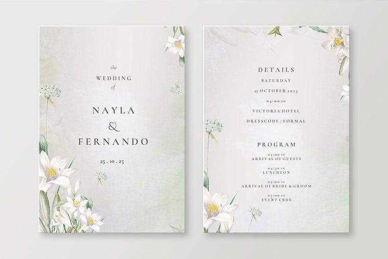 Pu&ograve; includere: Invito di nozze con design floreale. L'invito riporta i nomi Nayla & Fernando e la data 25.10.25. La scheda dei dettagli include la data, la location, il dress code e il programma del matrimonio.