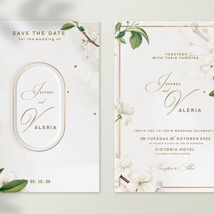 Pu&ograve; includere: Invito di nozze con fiori bianchi e dettagli dorati. L'invito recita "Save the Date for the wedding of Jeffrey and Valeria" e "Together with their families Jeffrey and Valeria invite you to their wedding celebration on Tuesday 25 October 2025 at four o'clock in the afternoon Victoria Hotel 115 Morris Road Florida Reception to follow."