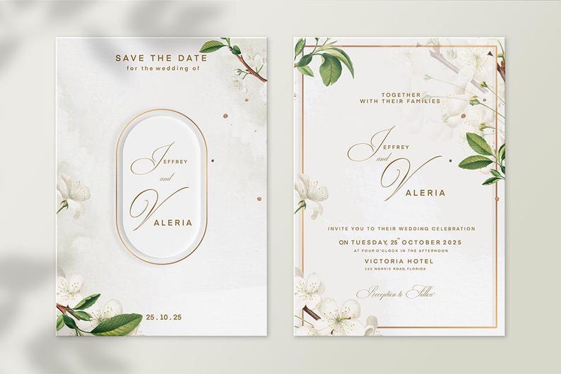 Pu&ograve; includere: Invito di nozze con fiori bianchi e dettagli dorati. L'invito recita "Save the Date for the wedding of Jeffrey and Valeria" e "Together with their families Jeffrey and Valeria invite you to their wedding celebration on Tuesday 25 October 2025 at four o'clock in the afternoon Victoria Hotel 115 Morris Road Florida Reception to follow."