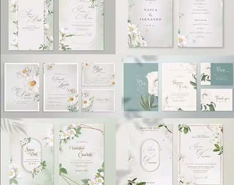 White & Greenery Floral Wedding Invitation Templates (18 PSD files)