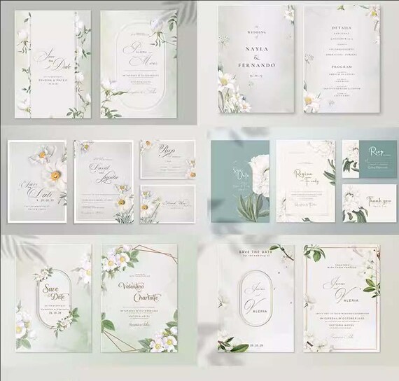 White & Greenery Floral Wedding Invitation Templates (18 PSD files)