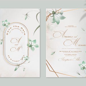 Pu&ograve; includere: Invito di nozze "Save the Date" con un design floreale e dettagli dorati. L'invito dice "Save the Date for the wedding of A and M, 26 October 2023".