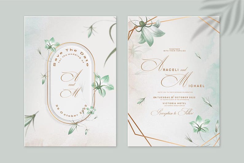 Pu&ograve; includere: Invito di nozze "Save the Date" con un design floreale e dettagli dorati. L'invito dice "Save the Date for the wedding of A and M, 26 October 2023".