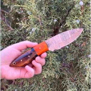 Personalized Damascus Hunting Knife | Custom Engraved Outdoor Camping Knife | Full Tang Skinning Knife with Leather Sheath