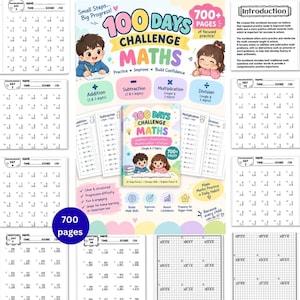 May include: A 700-page math workbook titled 100 Days Challenge Maths featuring addition, subtraction, multiplication, and division exercises. The cover displays two children, colorful text, and icons. Several sample pages show arithmetic problems.