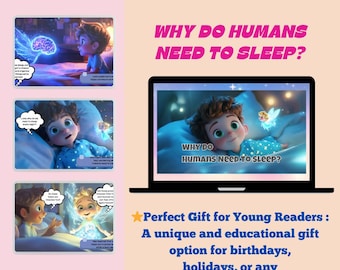 Könnte beinhalten: Ein Laptop-Bildschirm zeigt einen Cartoon-Jungen, der in einem Bett mit einer Fee schläft. Der Text auf dem Bildschirm lautet "Warum müssen Menschen schlafen?" Das Bild ist eine Buchillustration für junge Leser über die Bedeutung des Schlafs.