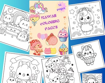 May include: A set of 52 black and white coloring pages featuring cute kawaii characters and designs. The pages include a unicorn, a bunny, a cupcake, a cat, and a rainbow. The text "Kawaii Coloring Pages" is featured on the cover.
