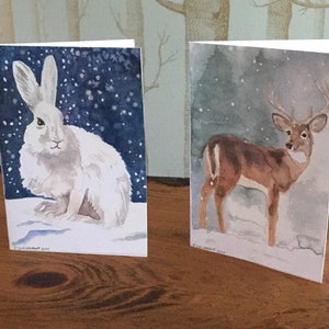 Winter/Holiday Greeting Cards Watercolor Deer and Snowshoe Hare image 3