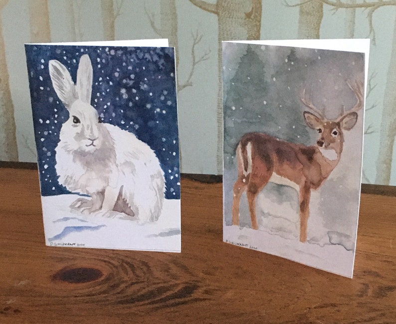 Winter/Holiday Greeting Cards Watercolor Deer and Snowshoe Hare image 3