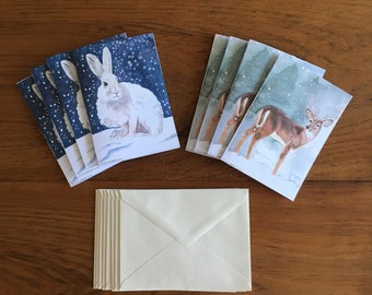 Winter/Holiday Greeting Cards- Watercolor- Deer and Snowshoe Hare