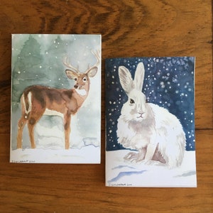 Winter/Holiday Greeting Cards Watercolor Deer and Snowshoe Hare image 2