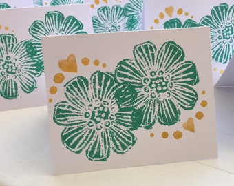 Hand printed cards-- Pack of 6-- Flowers & hearts