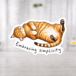 May include: A sticker featuring a relaxed orange tabby cat lying on its back with its eyes closed. The cat has brown stripes and pink paws. The text "Embracing simplicity" is written below the cat in black cursive font.