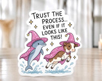 Könnte beinhalten: Ein gestanzter Aufkleber mit einem grauen Delfin und einer braun-weißen Kuh, die beide pinke Glitzer-Zauberhüte und Umhänge tragen. Der Text lautet "TRUST THE PROCESS... EVEN IF IT LOOKS LIKE THIS!", umgeben von kleinen gelben Sternen und blauen Wasserspritzern.